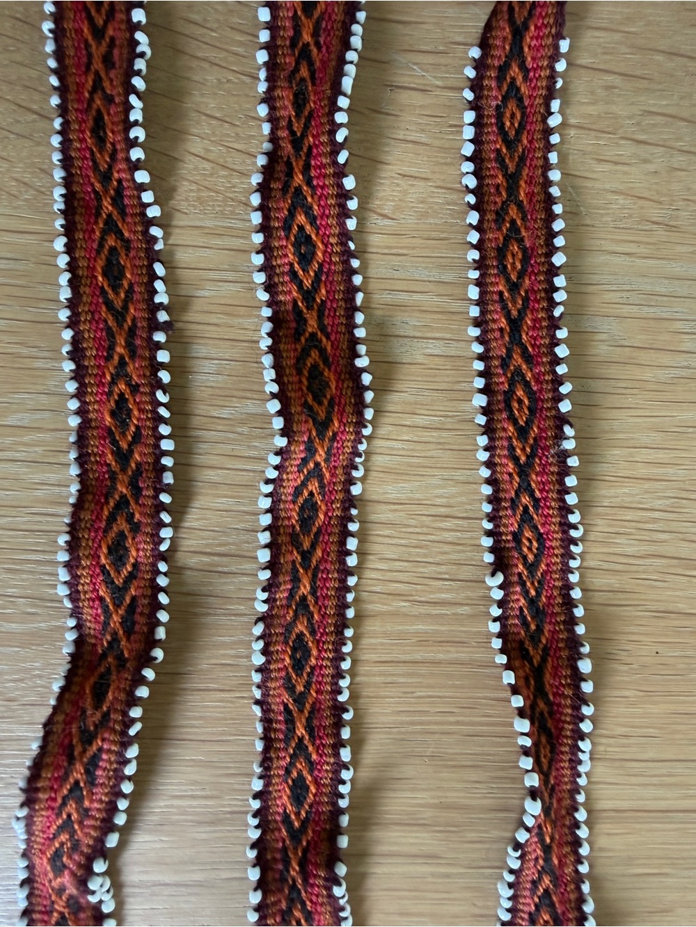 Boho Woven Band/Trim with White Bead Edge - Rust & Black Diamond Pattern